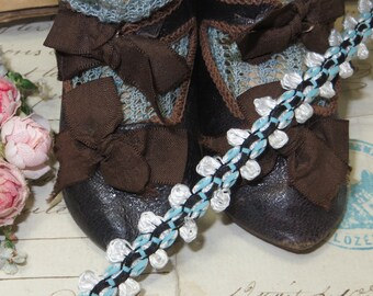 1y FRENCH CHENILLE ROCOCO TRIM NAVY BLUE ROSETTE VTG ANTQ RIBBON DOLL JACQUARD