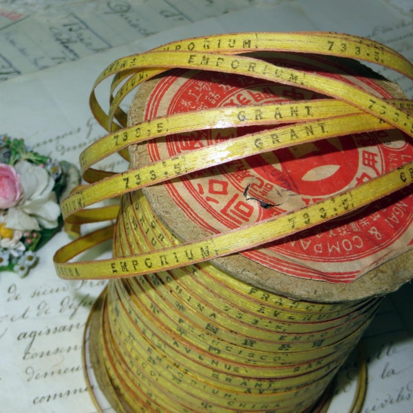 1 YARD Antique CHINESE RIBBON Import Export Vintage Tea Box Trim San Francisco 1930 Parcel Tape Rope Cord Natural Fibers Straw Raffia Craft