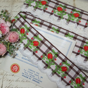 12y Bolt WHITE FRINGE BROWN Cotton Trim 1950 1960 Plaid Gingham Jacquard Millinery Hat Flower Scandinavian Edelweiss brocade