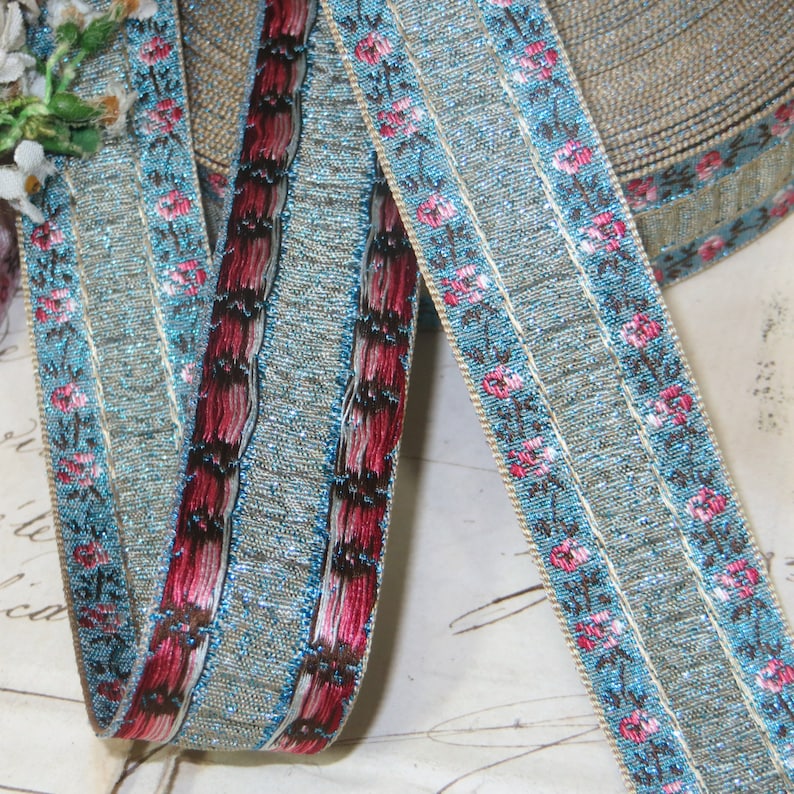 10y SPOOL VTG SWISS JACQUARD WOVEN RIBBON TRIM FRENCH DOLL DRESS FLOWER ROSES