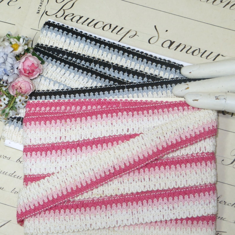 5y 78 BLACK WHITE GRAY Knit Ombre Ribbon Trim Variegated Woven Yarn Grosgrain Petersham Dress Doll Clothes Passementerie 1920s flapper