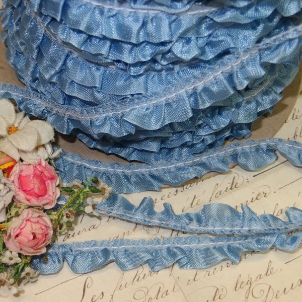 1y FRENCH BLUE RUFFLE Ribbon Hug Snug Seam Binding Trim vintage Antique Doll Dress Cocarde Flower French Rococo Rosette Ribbonwork Jacquard