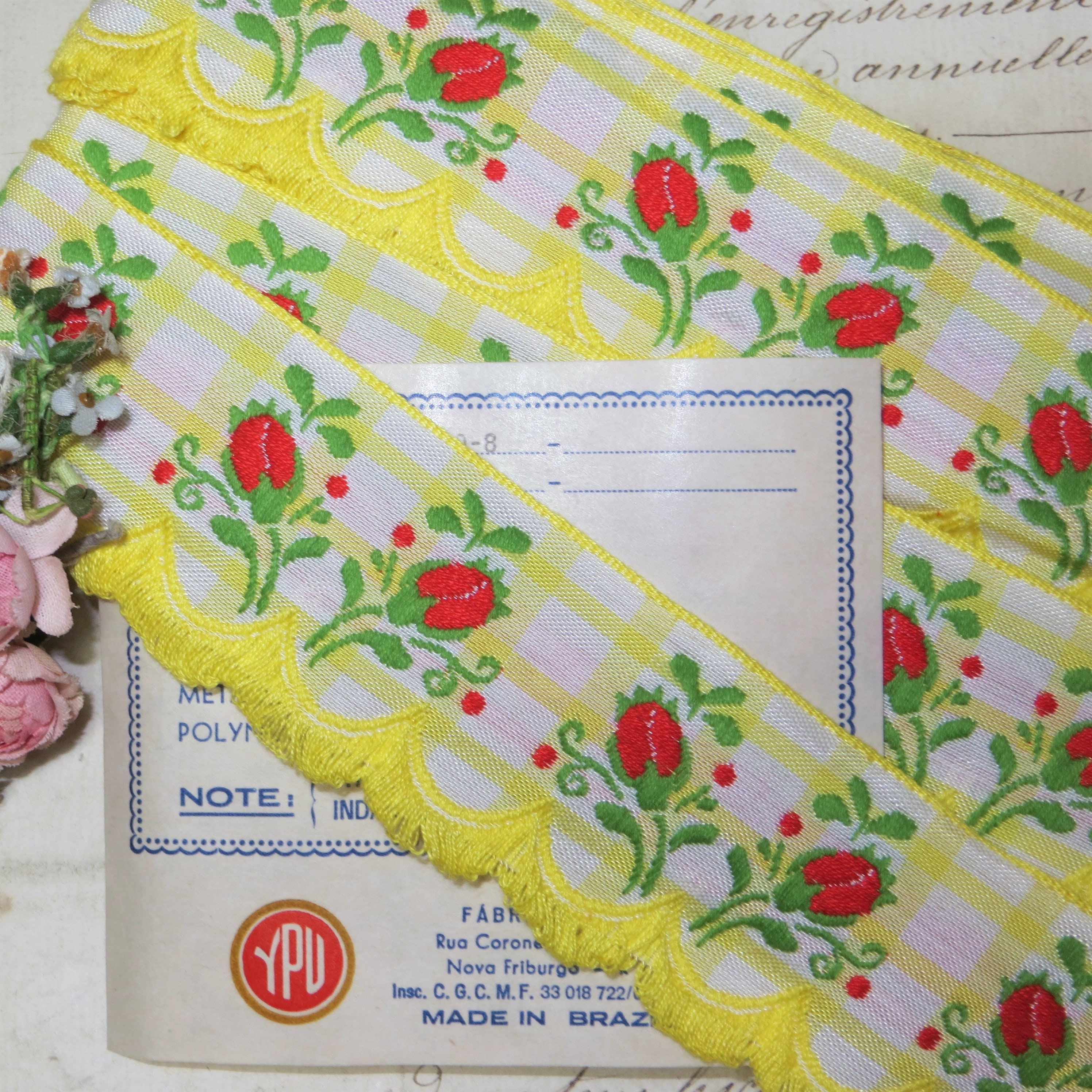 12y BOLT VTG JACQUARD FLOWER TRIM ORANGE WHITE SCALLOP GINGHAM RIBBON FRENCH 12y BOLT VTG JACQUARD FLOWER TRIM ORANGE WHITE SCALLOP GINGHAM RIBBON FRENCH
