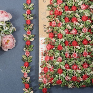 May include: Close-up of decorative floral lace trim. The trim features red flower-like accents and green leaves. A portion of the trim is rolled up, and a straight section of the trim is laid out. A vintage paper label is visible.