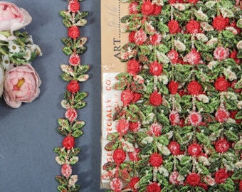 1y  RED VENISE SCHIFFLI Applique Lace Braid Rose Daisy Crochet Vintage Cotton Cluny Trim antique Ribbon Doll dress Jacquard rococo Rosette