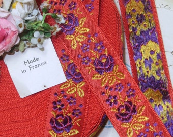 2y FRENCH OMBRE JACQUARD Ribbon Coral Red Purple Trim Boho Daisy Rosette Flower Wedding Vintage Doll Dress Antique Hat