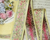 1y FRENCH YELLOW JACQUARD 1 quot Ribbon Woven Floral Flower Trim Vintage Pink White Wedding Antique Bow Hat Rococo Metal Thread Cocarde Rosette