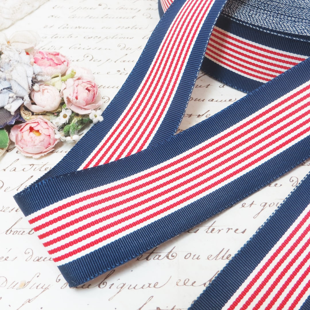 Red Ruffled Ribbon 2 Yards RED WHITE BLUE Grosgrain Stripe Flag Ribbon Ruffle Cocarde Tag ...