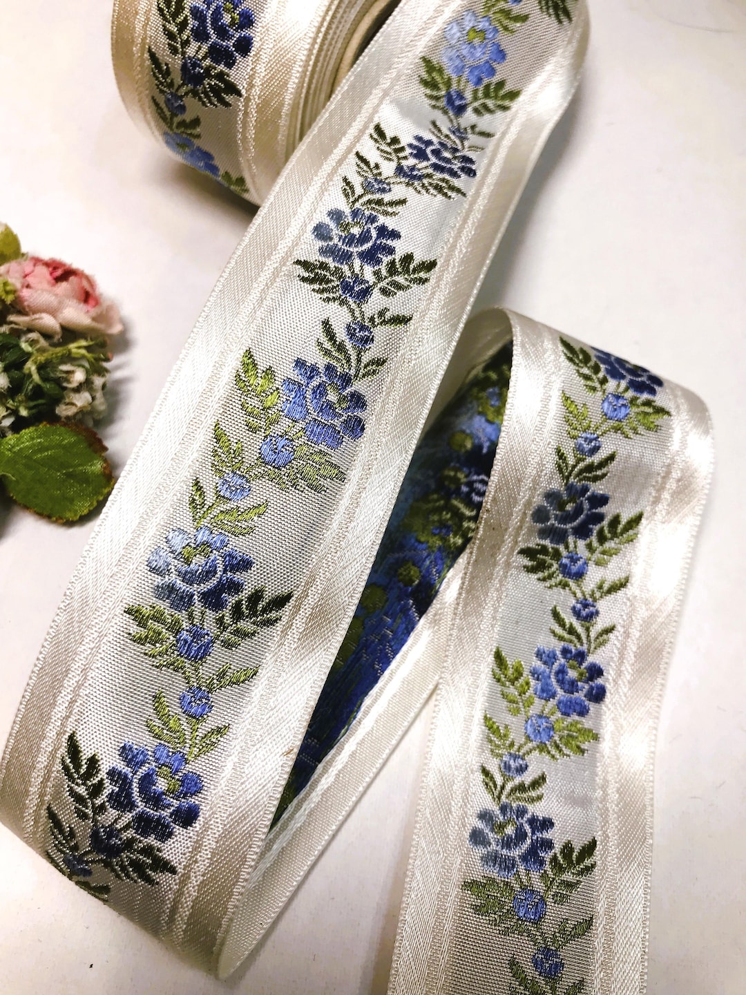 1y CORNFLOWER BLUE FLOWER Satin Ribbon Tag: Antique French Flower ...