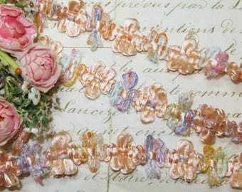 4y PINK BRAIDED BUD Lace Trim French Ribbon Rococo Rosette Flower Mint Butter Yellow Pink Salmon Rose Peach Ruffle Doll Dress Jacquard Gimp