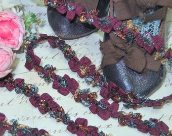 1y 1/2" FRENCH ROCOCO TRIM Plum Wine Purple Burnt Gold Ocra Red Daisy Rosette Flower Ribbon Ribbonwork Vintage Doll Dress chenille Antique