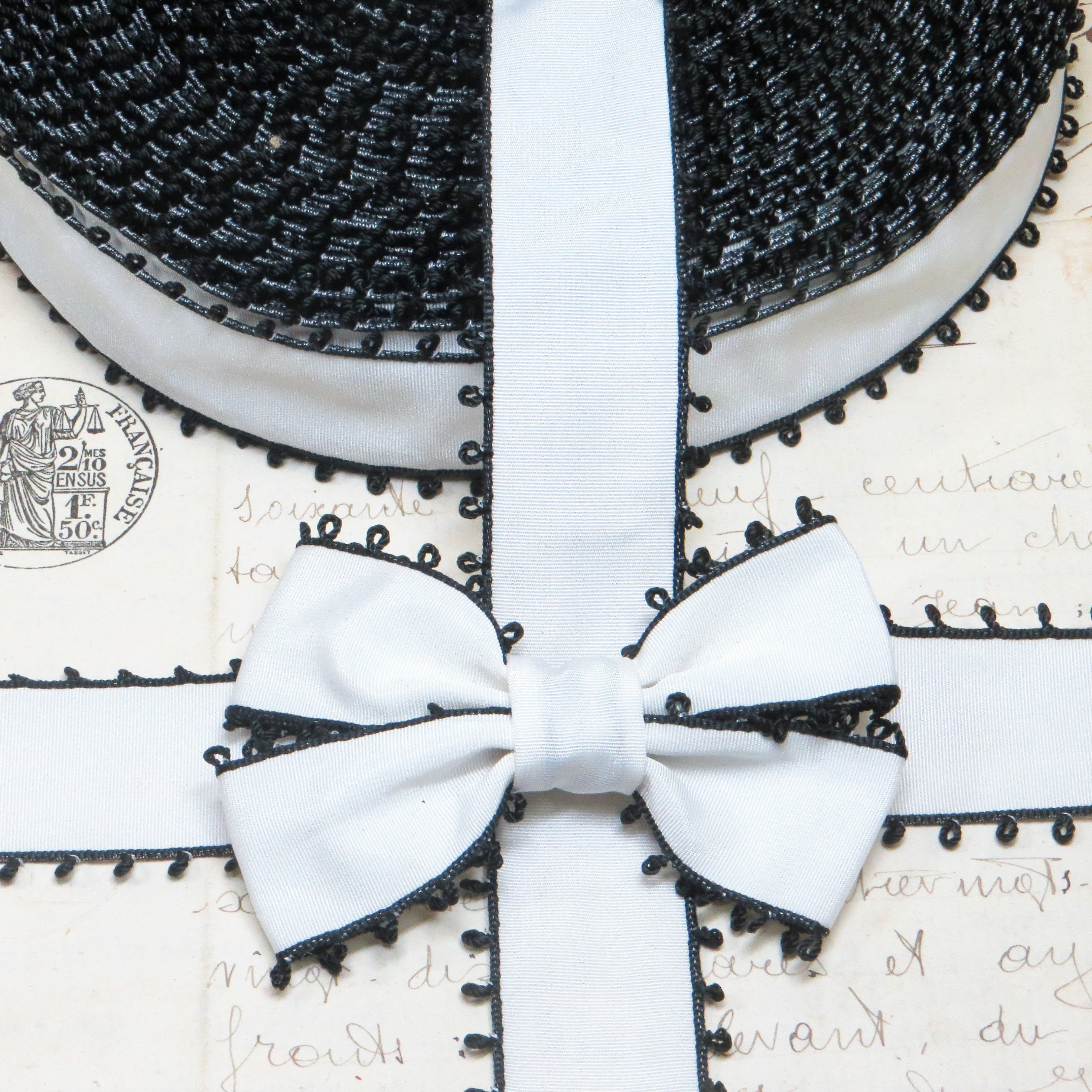 1y FRENCH PICOT Black White Taffeta Ribbon Tag: Tuxedo Wedding Cake Trim  Vintage Antique Dress 1920 Ribbonwork Flower Cocarde Pill Box Hat - Etsy