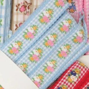 12y Bolt BABY BLUE FLOWER Ribbon Cotton Jacquard Trim tags: Looped Picot Edge Plaid Gingham Jacquard Millinery Hat Scandinavian Edelweiss