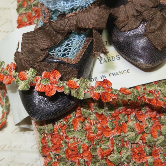 18/" VTG FRENCH ROCOCO TRIM PUMPKIN ORANGE BOW ROSETTE DOLL DRESS FLOWER RIBBON