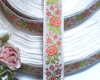 1y FRENCH FLOWER JACQUARD Ribbon tags: Tomato Coral Red Orange Trim Daisy Ombre Rosette Flower French Brocade Ribbon Wedding Trim Millinery
