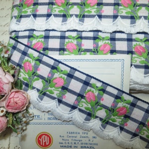 12y Bolt BLUE WHITE FRINGE Cotton Trim 1950 1960 Plaid Gingham Jacquard Millinery Hat Flower Scandinavian Edelweiss brocade
