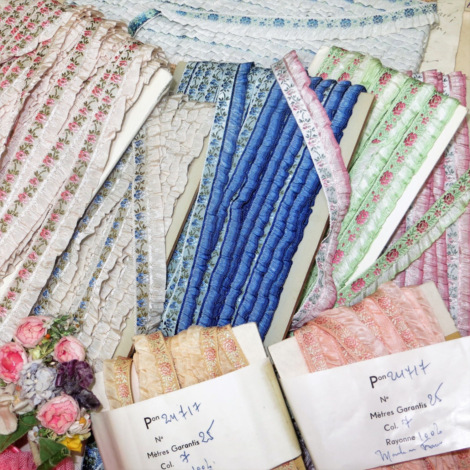 1y FRENCH BLUE OMBRE Ruffle Jacquard Ribbon Tags: French Flower ...