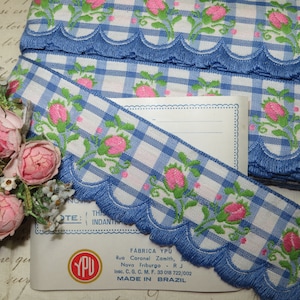 12y Bolt SKY BLUE WHITE Scallop Trim Ribbon Cotton 1950 1960 Plaid Gingham Jacquard Millinery Hat Flower Scandinavian Edelweiss brocade
