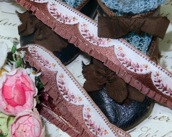 1 Yard FRENCH BROWN SWAG Ombre Ruffle Jacquard Ribbon Flower Trim Daisy Rosette Rococo Rose  Ruch Doll Dress Bear Antique Vintage Brocade