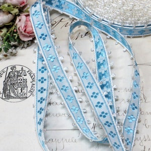 1y BLUE WHITE PICOT Jacquard Trim tag: Blue White Ribbon Antique Doll dress hat Rococo Rosette Daisy Braid Trim Wedgewood Peacock Blue Rose