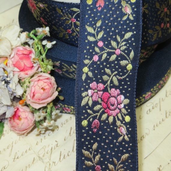 VINTAGE 1//4/" FRENCH JACQUARD 1950/'s TRIM Ribbon 1yd Silk Rayon Made in France