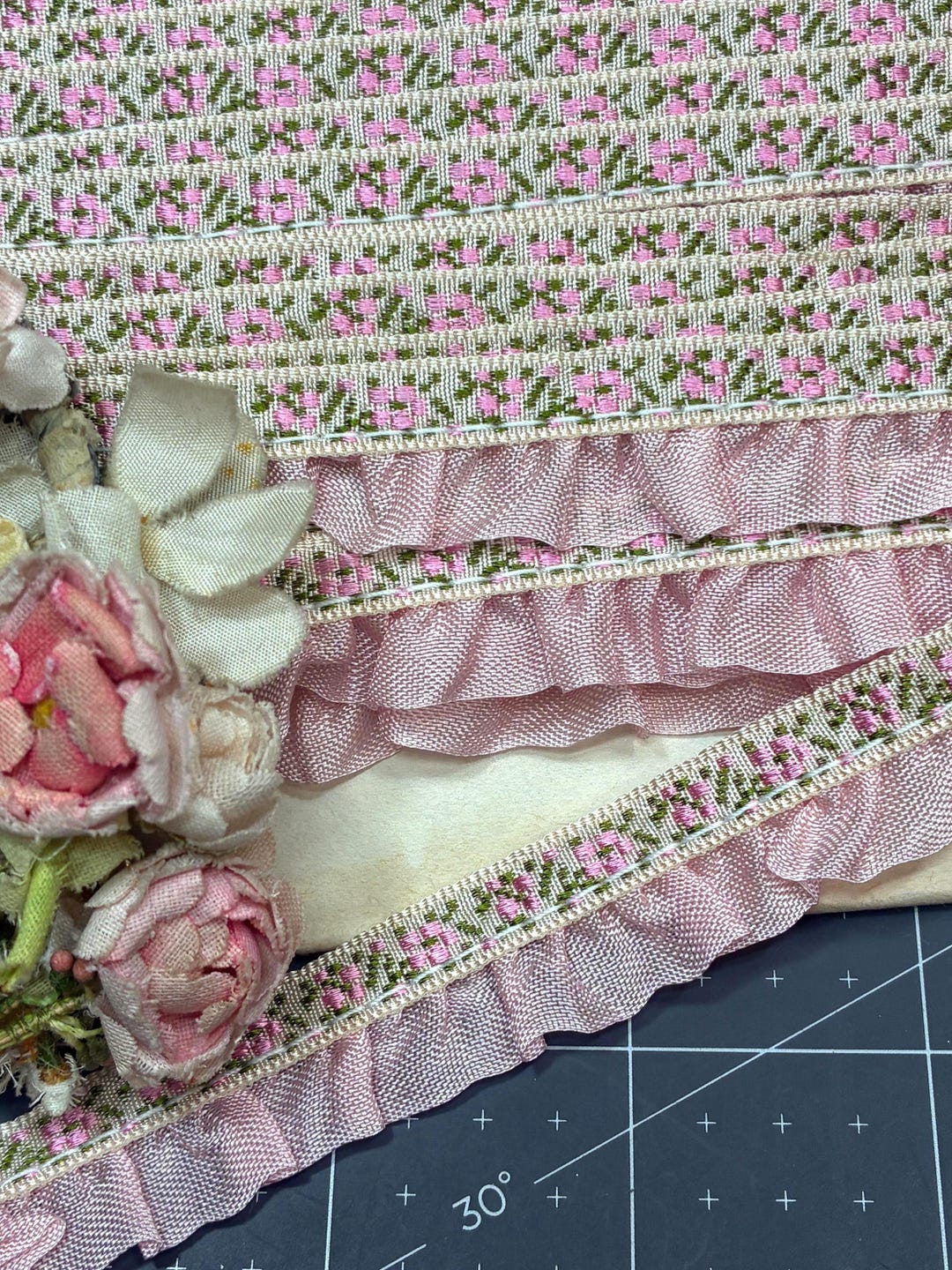 1 Yard FRENCH PINK Ruffle Trim, Dusty Pink Jacquard Flower Trim, Ombre ...