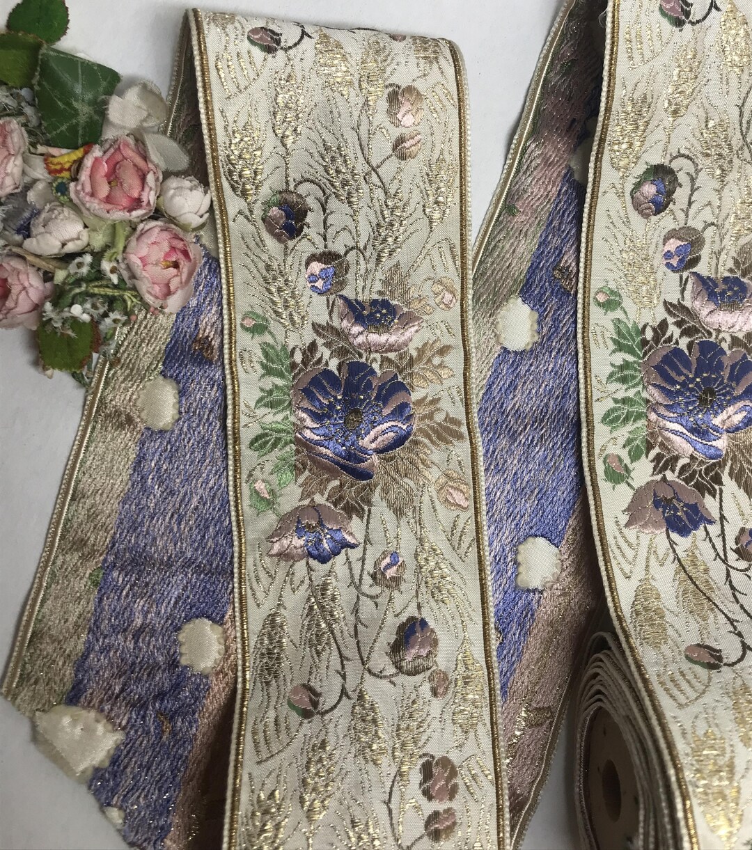 Antique FRENCH FLOWER JACQUARD Ribbon Trapunto Trim Red Flower Roses ...