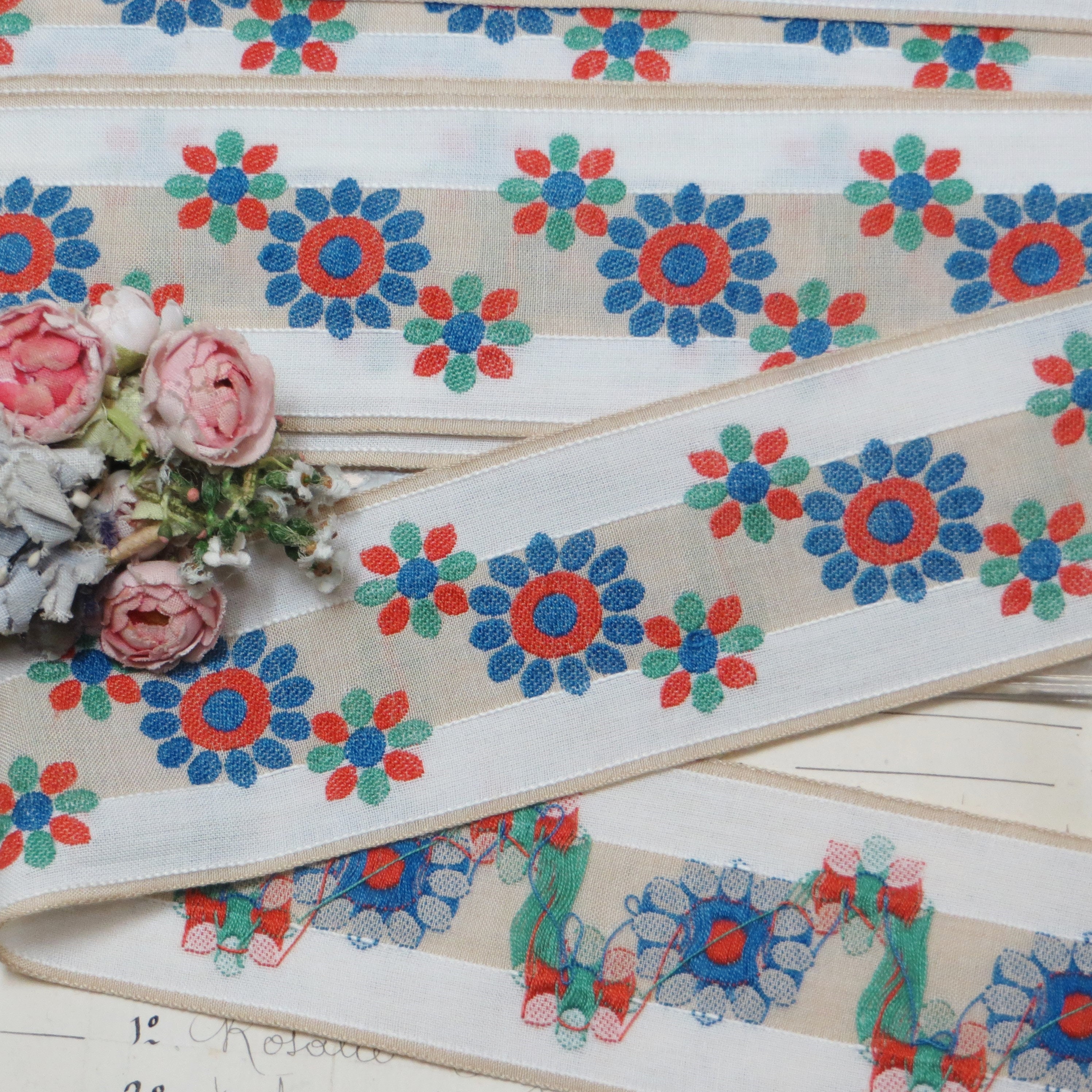 1y Cotton BLUE BEIGE FLOWER French Jacquard Ribbon Tag: West