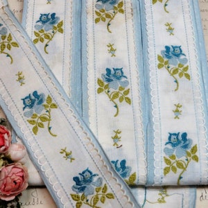 1y Cotton BLUE WHITE FLOWER Jacquard Ribbon tag: West Germany Edelweiss Scandinavian Trim French Roses Floral Millinery Hat Ribbon