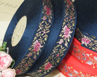 1y NAVY BLUE JACQUARD 3/4" Vintage French Ribbon Pink Ombre Roses Flower Floral Trim Wedding Brocade Antique Hat doll dress rococo rosette