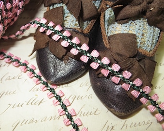 2 Yards ROSE PINK ROCOCO Rosette Trim 1/2" French Doll Dress Ribbon Dollhouse Vintage antique Ribbonwork