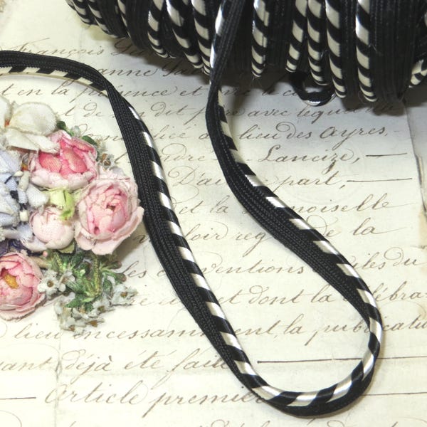 4yd BLACK WHITE LIP Edging Trim Cord Rayon Cotton tags: french Ribbon Stripe Flapper dress Millinery Flower Hat 40s 50s Fashion Doll taffeta