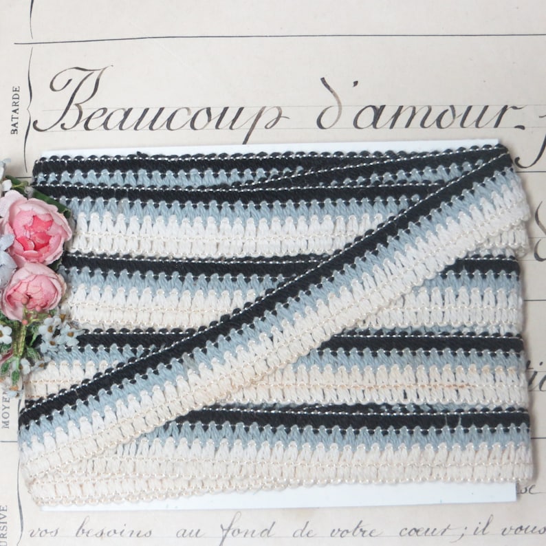 5y 78 BLACK WHITE GRAY Knit Ombre Ribbon Trim Variegated Woven Yarn Grosgrain Petersham Dress Doll Clothes Passementerie 1920s flapper