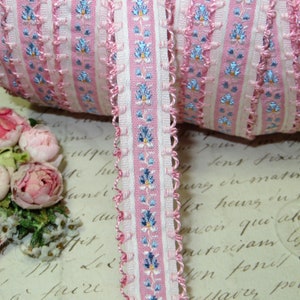 2y PINK ROSES JACQUARD Vintage French Ribbon Roses Trim Picot Scallop Rococo Rosette Doll Dress Blue Ribbonwork Cottage Schiffli Lace Hat