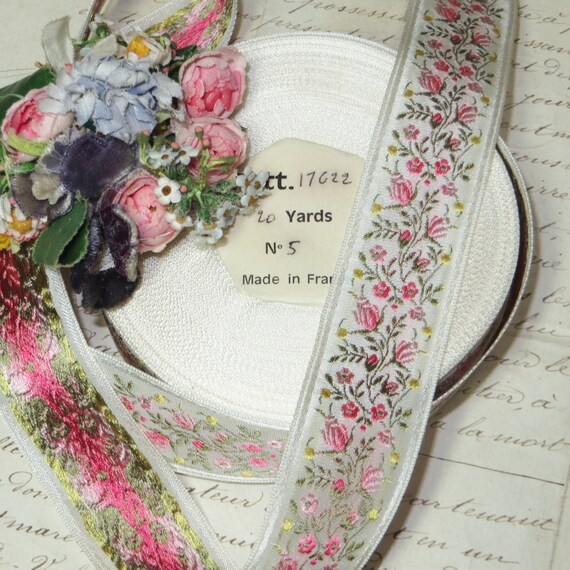 10y SPOOL VTG SWISS JACQUARD WOVEN RIBBON TRIM FRENCH DOLL DRESS FLOWER ROSES