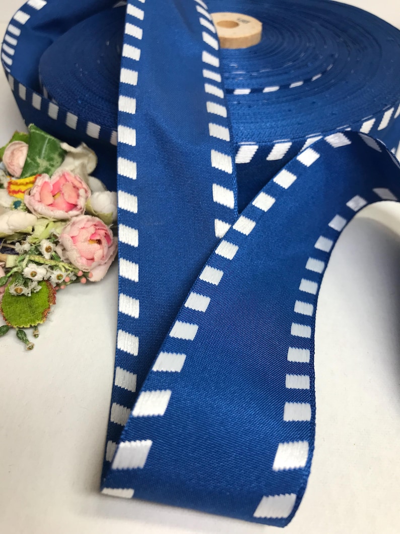 Blue Dashed Ribbon 2 Yards BLUE WHITE Stripe Taffeta Ribbon Navy Blue Sailor Ribbon Blue ...