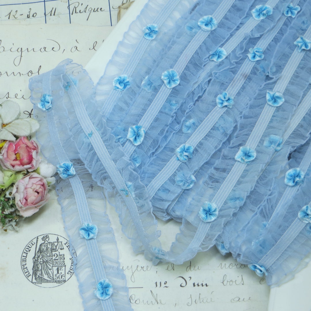 2y BLUE RUFFLE ROSETTE Trim Elastic Stretch Ruffle Tag: French Rococo ...
