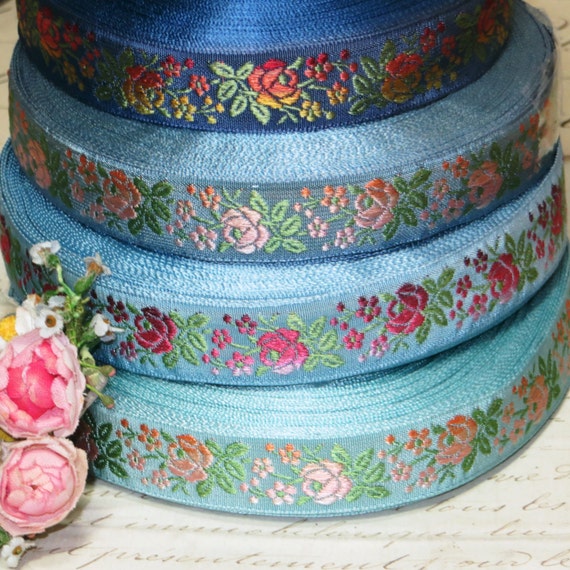 1y VTG 3//4/" FRENCH JACQUARD RIBBON PINK OMBRE ROSE FLOWER TRIM VTG ANTQ BROCADE