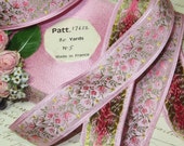 1y FRENCH PINK JACQUARD Ribbon 1 3 16 quot Width Tag Flower Rose Trim Blue White Olive Yellow Wedding Antique Bow Millinery hat flower Brocade