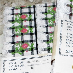 12y Bolt WHITE BLACK FRINGE Trim 100% Cotton Scallop Ribbon 1950 1960 Plaid Gingham Jacquard Millinery Hat Flower Scandinavian Edelweiss
