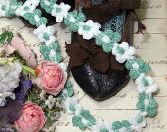 5y GREEN WHITE Rococo Trim French Rosette Flower Ribbon tags: sage rococo turquoise Ribbonwork Jacquard Antique Doll Dress Millinery Rose
