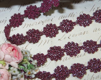 3y 1/2" METALLIC PLUM DAISY Trim with Shimmer French Doll Dress Ribbon Rosette Rococo Flower Ribbonwork Vintage Jacquard Antique metal lace