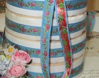 1y Vintage FRENCH JACQUARD RIBBON Your choice Pattern Floral Flower Trim Pink Blue Yellow Olive White Wedding Antique Bow Hat Doll Dress