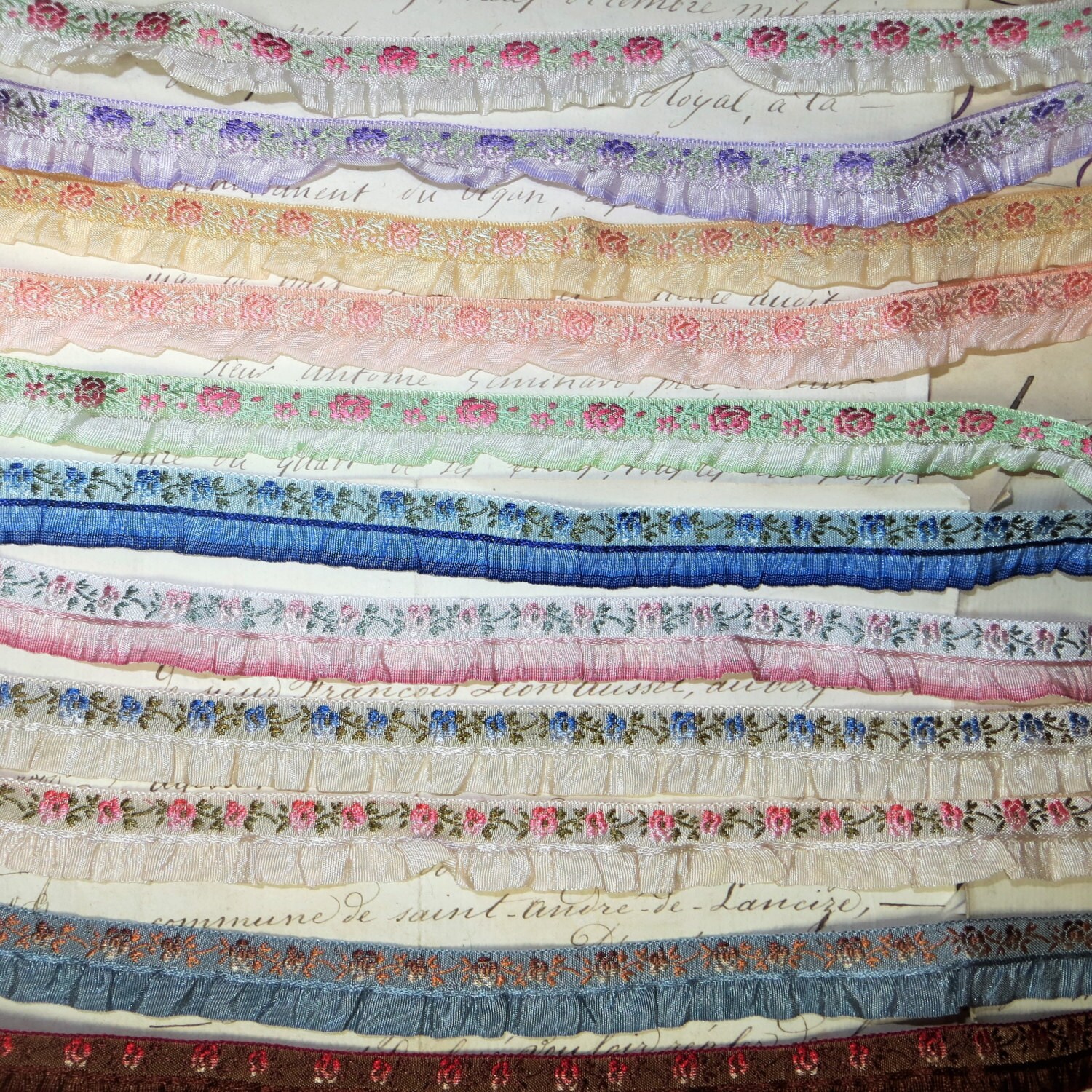 1y FRENCH BLUE OMBRE Ruffle Jacquard Ribbon Tags: French Flower ...