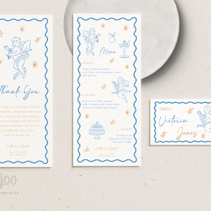Menu double face Cupidon + modèle de marque-places | Menu de mariage gribouillis | Vague et Festonné | Menu imprimable| Modèle de menu de couleurs fantaisistes