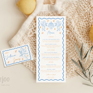 Menú CUPID + Plantilla de tarjetas de lugar / Menú de boda garabateado / Onda y festoneado / Menú de cena dibujado a mano / Conjunto de plantillas de menú de moda