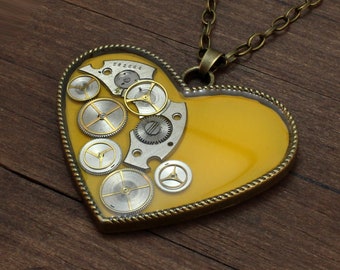 Steampunk heart pendant, Steampunk yellow necklace, yellow Heart pendant, yellow Heart necklace, Watch Parts pendant