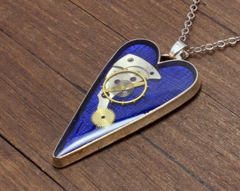 Blue Steampunk heart pendant, Silver Steampunk heart necklace, Heart pendant, Heart necklace, Watch Parts pendant, Watch parts necklace