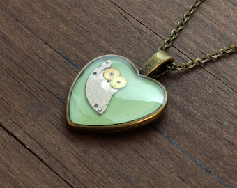 Mint Steampunk heart pendant, Steampunk heart necklace, Heart pendant, Heart necklace, Watch Parts pendant, Watch parts necklace