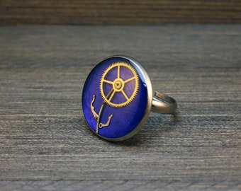 Steampunk Ring, Watch Ring, stainless steel ring, Watch Parts Ring, Adjustable Ring, Gears ring, Purple ring, adjustable ring, Resin ring